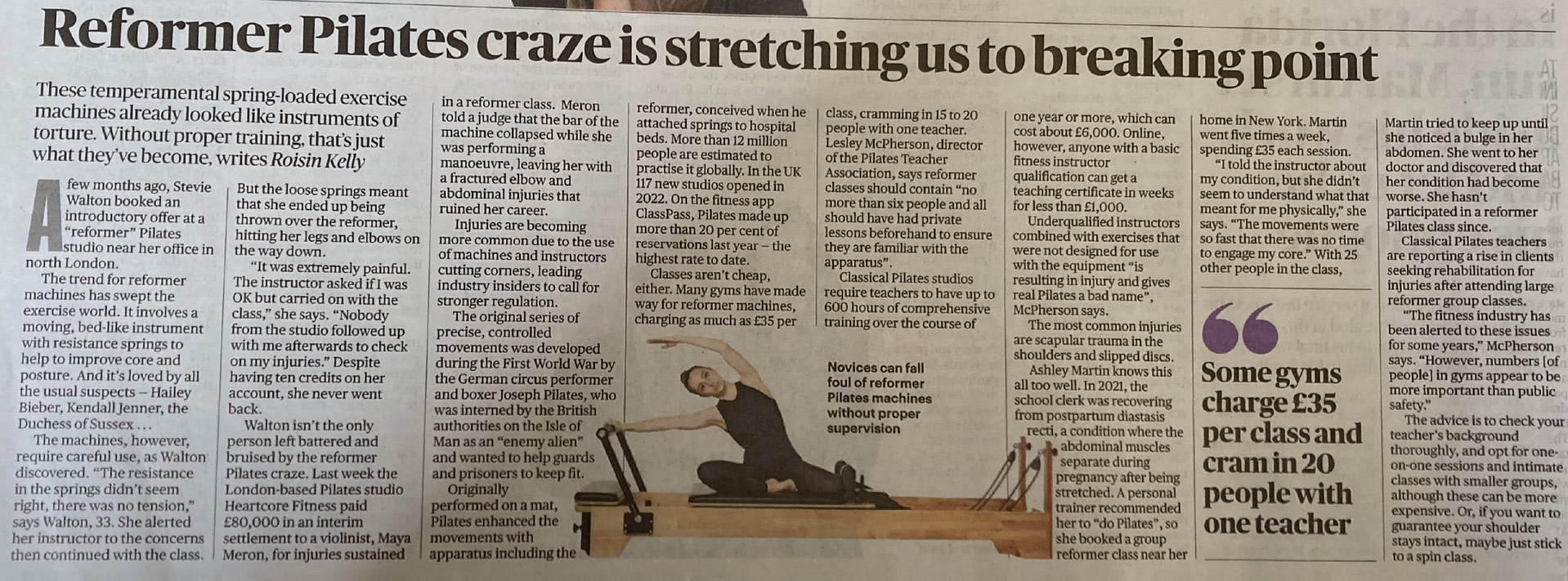 Sunday Times Pilates Article Applied Pilates | The Sogunro Practice Choose your pilates Studio Wisely Reformer Pilates craze is stretching us to breaking point