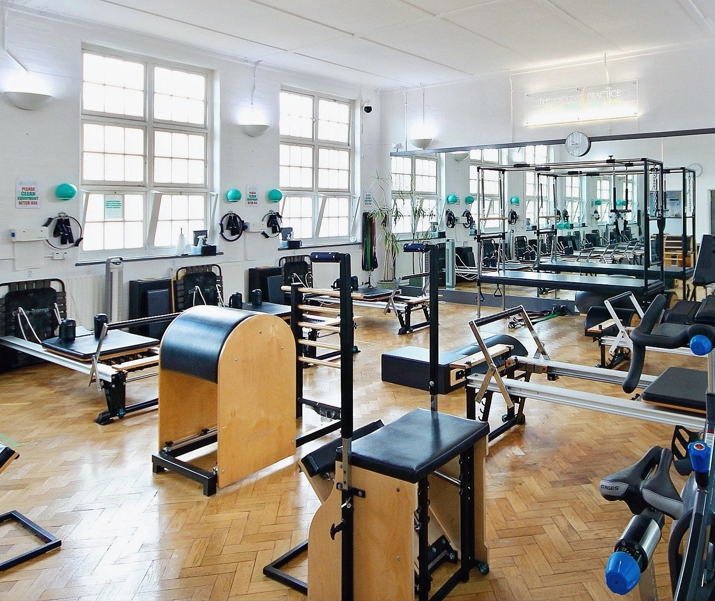 Full STOTT apparatus Pilates studio at The Sogunro Practice, London Colney, St Albans — Reformers, Cadillac, Wunda Chair, Step Barrel and Pilates Poles. Clinical Applied Pilates and Reformer Pilates studio.